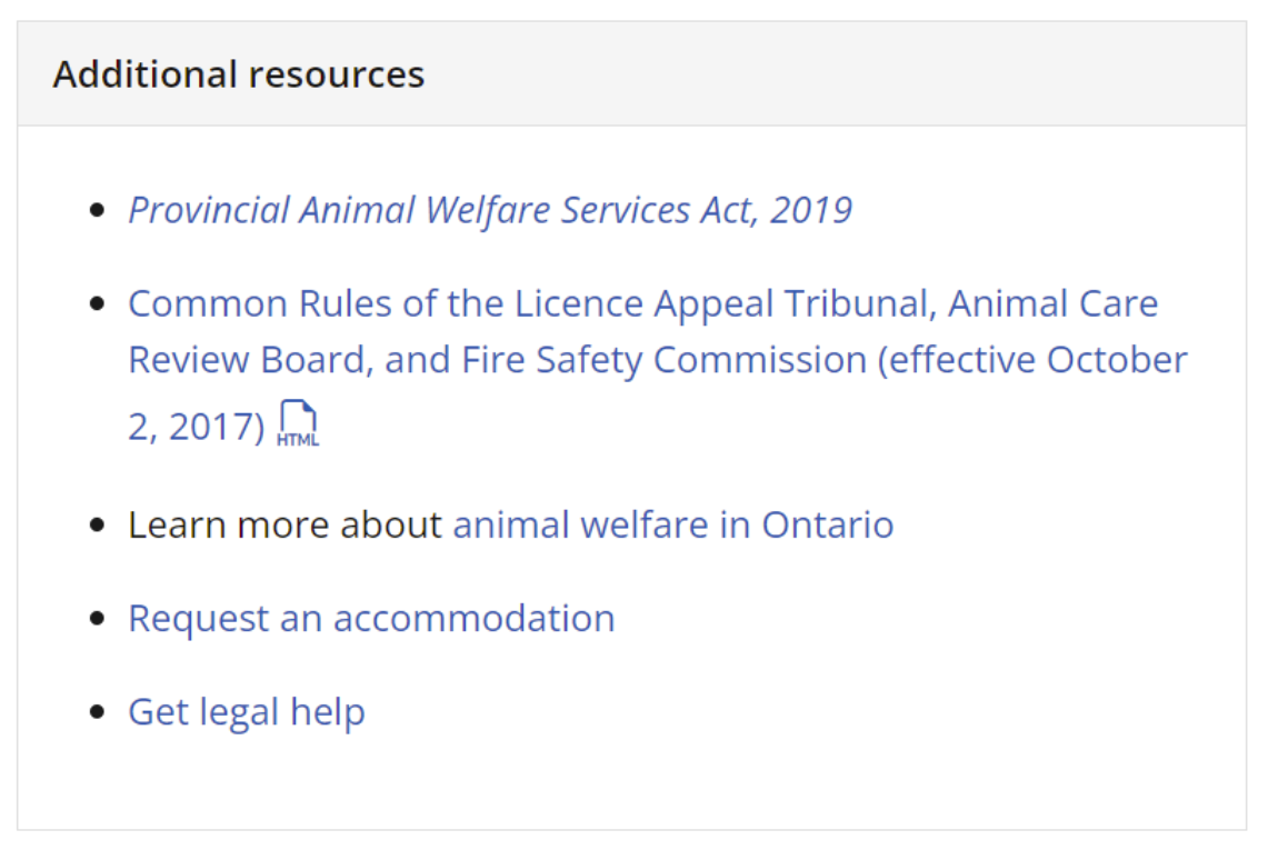 The Additional resources panel on the Animal Care Review Board's Appeals, applications and the hearing process page, which includes bulleted links to other resources, such as Get legal help.